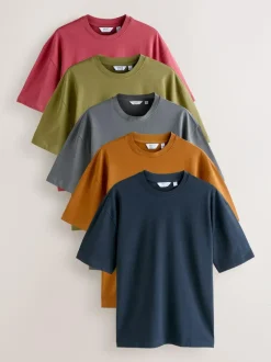 Next Relaxed Fit Heavyweight T-Shirts 5 Pack Orange/Grey/Green/Navy Blue/Red