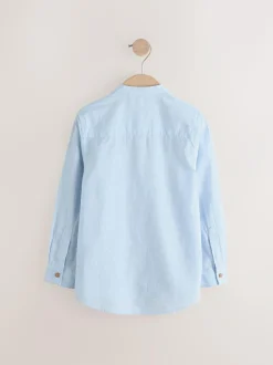 Next Pale Blue Grandad Collar Linen Mix Long Sleeve Shirt (3-16yrs) Outlet