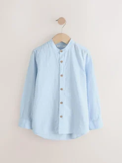 Next Pale Blue Grandad Collar Linen Mix Long Sleeve Shirt (3-16yrs) Outlet