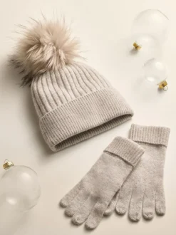 Next N. Premium 100% Cashmere Knitted Pom Hat Pale Grey Outlet