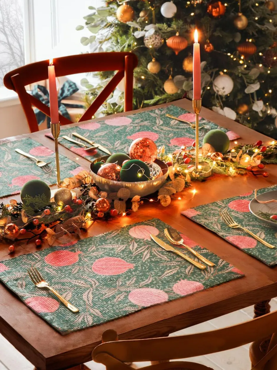 Paoletti Set of 4 Green Pomegranate Christmas Table Placemats & Large Table Runner New