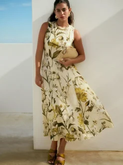 Next Sleeveless Column A-Line Maxi Dress Pastel Yellow Floral Print