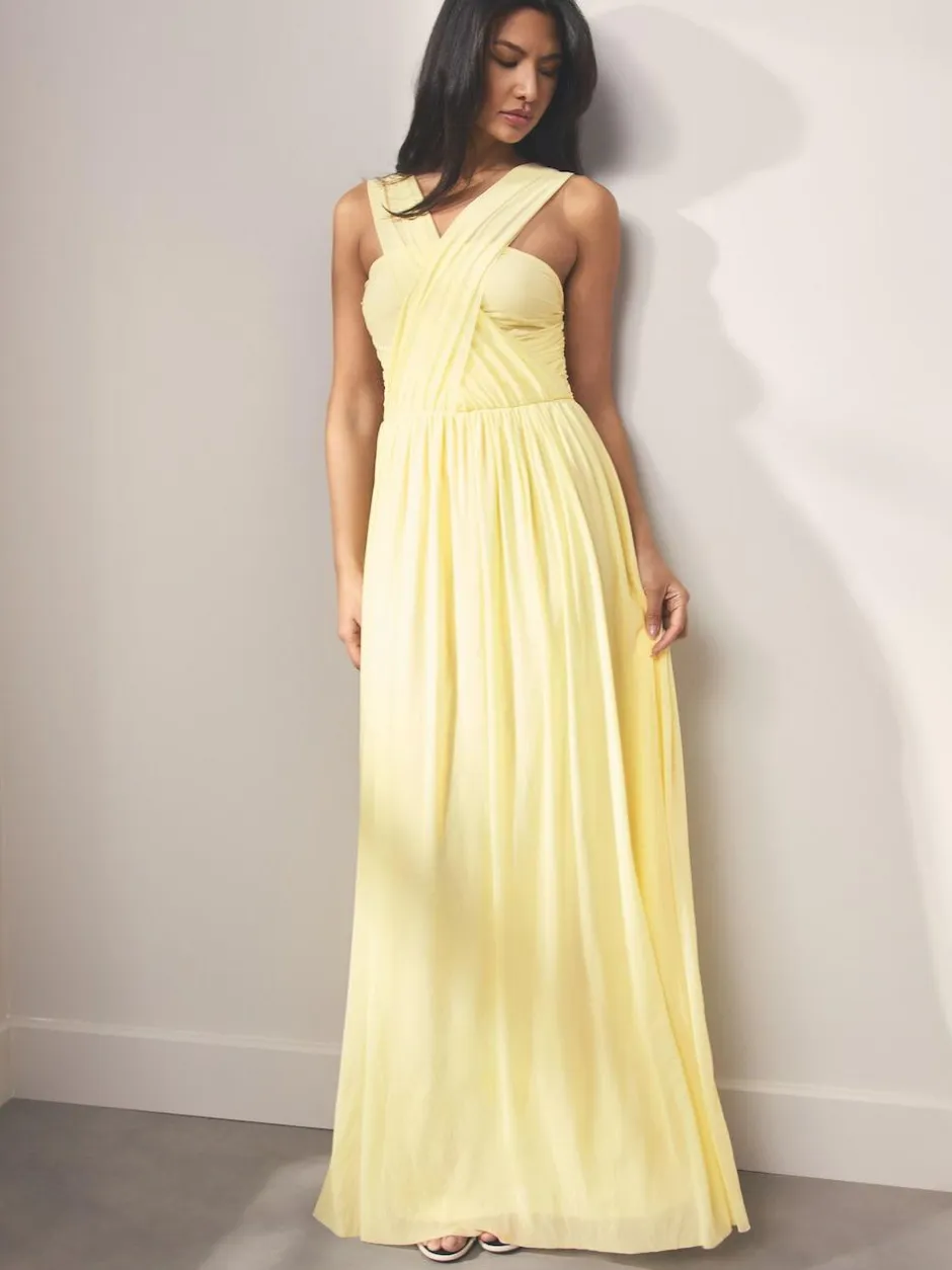 Next Pastel Yellow Mesh Multiway Wedding Guest Bridesmaid Maxi Dress New