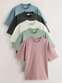 Next Relaxed Fit Heavyweight T-Shirts 5 Pack Pastels Green/Blue/Ecru/Slate/Pink Online