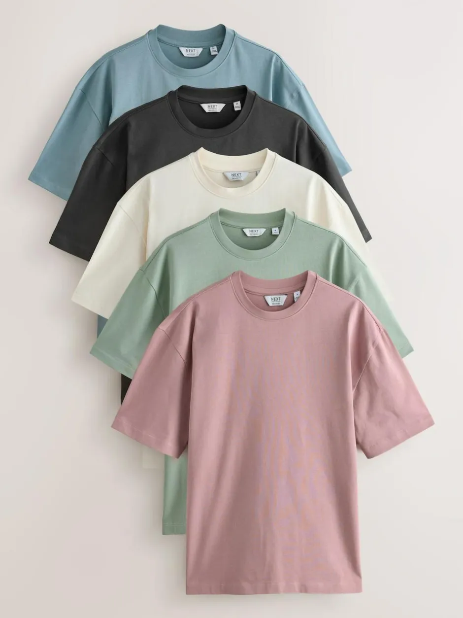 Next Relaxed Fit Heavyweight T-Shirts 5 Pack Pastels Green/Blue/Ecru/Slate/Pink Online