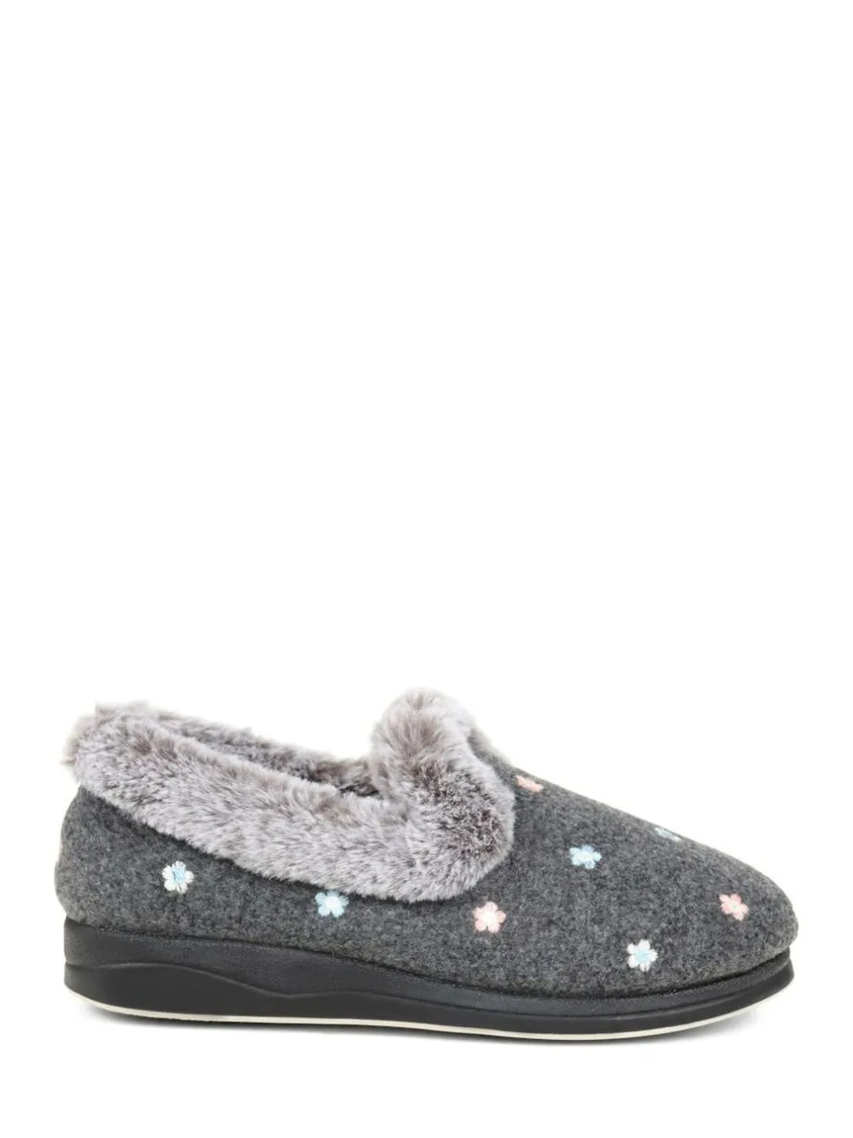 Pavers Grey Floral Faux Fur Slippers Online