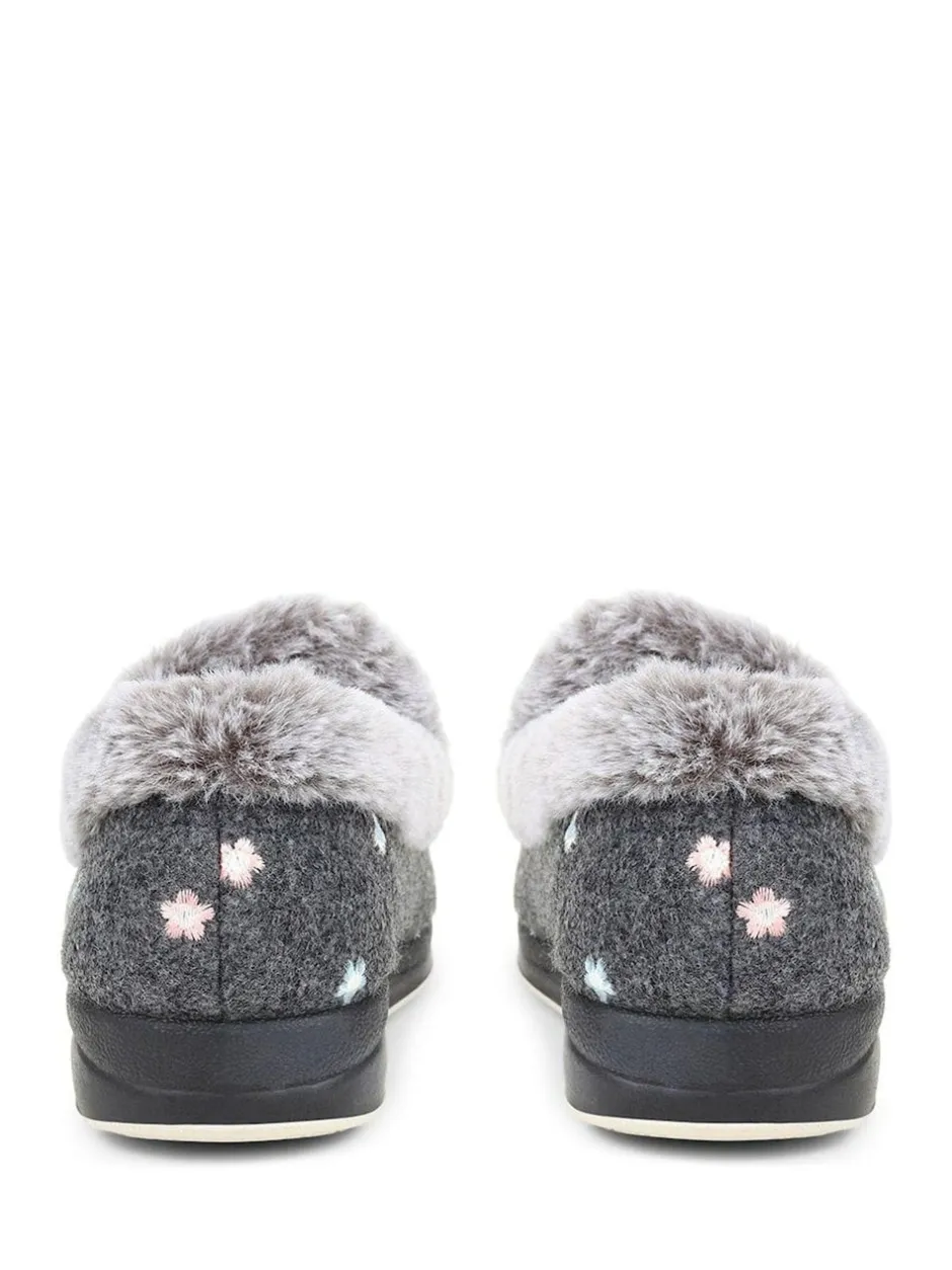 Pavers Grey Floral Faux Fur Slippers Online