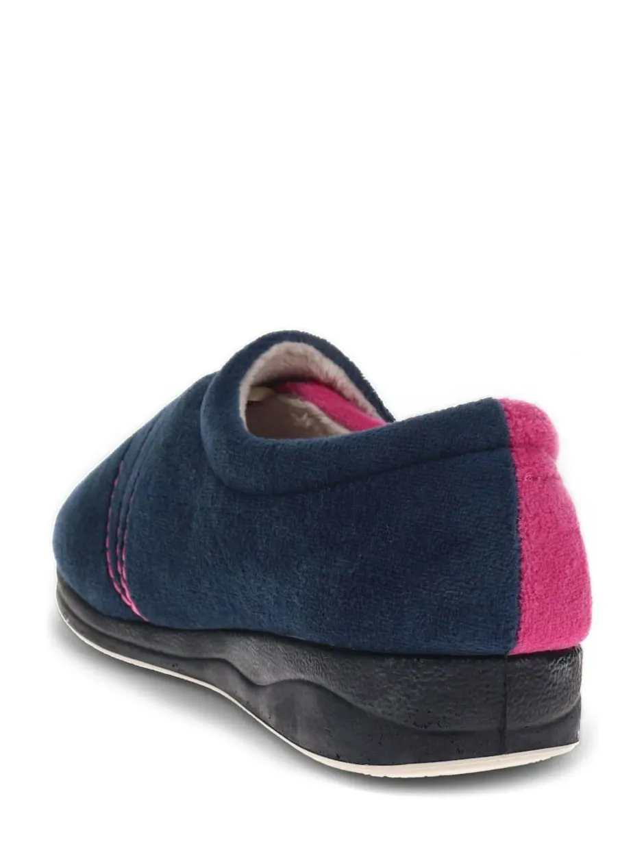 Pavers Wide Fit Ladies Touch Fasten Full Slippers With Permalose Sole Navy Raspberry New