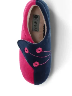 Pavers Wide Fit Ladies Touch Fasten Full Slippers With Permalose Sole Navy Raspberry New