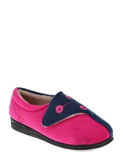 Pavers Wide Fit Ladies Touch Fasten Full Slippers With Permalose Sole Navy Raspberry New