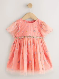 Next Embroidered Mesh Dress (3mths-8yrs) Peach Pink Discount
