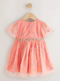 Next Embroidered Mesh Dress (3mths-8yrs) Peach Pink Discount