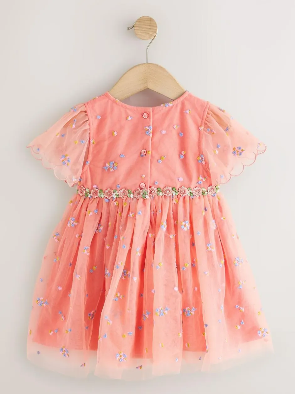 Next Embroidered Mesh Dress (3mths-8yrs) Peach Pink Discount