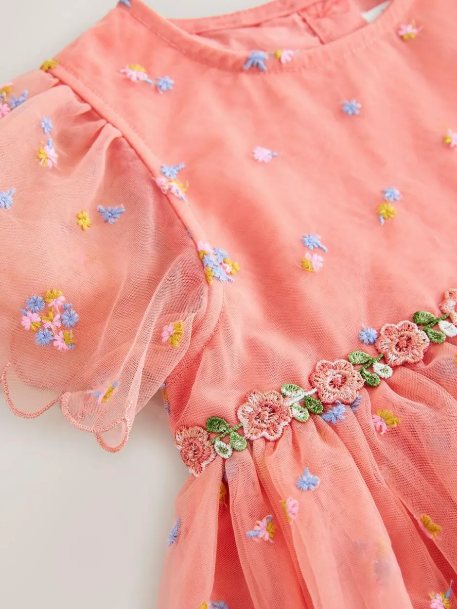 Next Embroidered Mesh Dress (3mths-8yrs) Peach Pink Discount