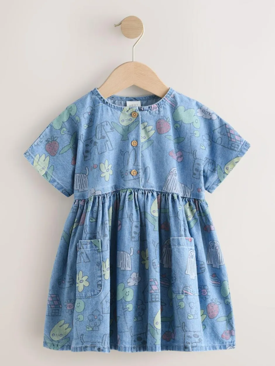 Next Short Sleeve Dress (3mths-8yrs) Pet Print Denim Hot