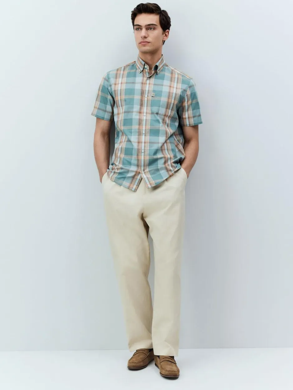 Next Regular Fit Short Sleeve Easy Iron Button Down Oxford Shirt Petrol Blue/Neutral Madras Check Outlet