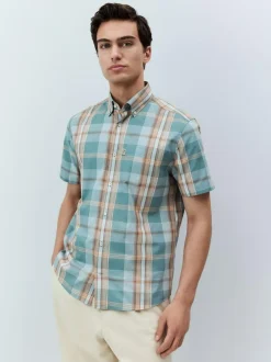 Next Regular Fit Short Sleeve Easy Iron Button Down Oxford Shirt Petrol Blue/Neutral Madras Check Outlet