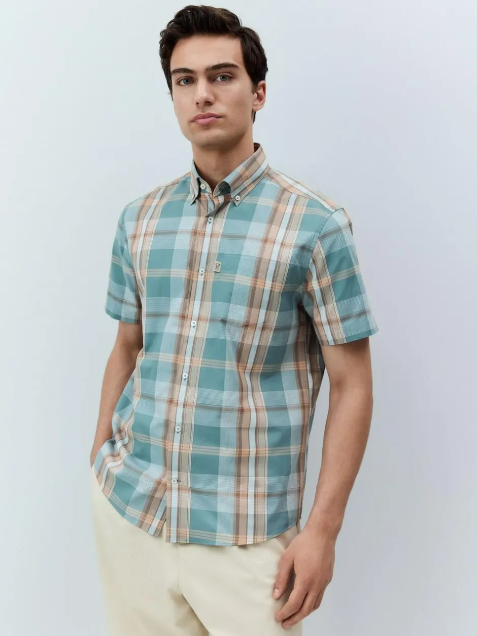 Next Regular Fit Short Sleeve Easy Iron Button Down Oxford Shirt Petrol Blue/Neutral Madras Check Outlet
