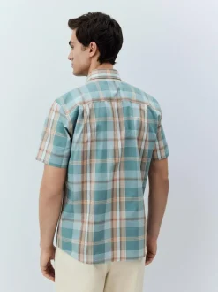 Next Regular Fit Short Sleeve Easy Iron Button Down Oxford Shirt Petrol Blue/Neutral Madras Check Outlet