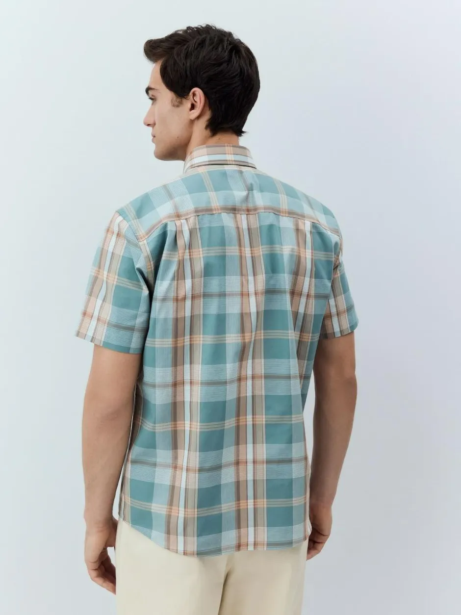Next Regular Fit Short Sleeve Easy Iron Button Down Oxford Shirt Petrol Blue/Neutral Madras Check Outlet