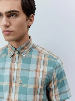 Next Regular Fit Short Sleeve Easy Iron Button Down Oxford Shirt Petrol Blue/Neutral Madras Check Outlet