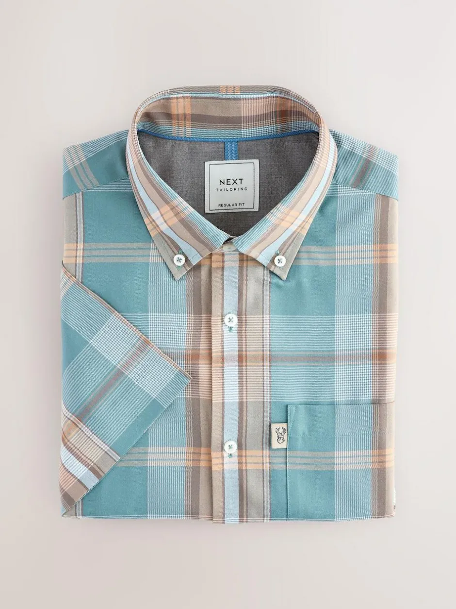 Next Regular Fit Short Sleeve Easy Iron Button Down Oxford Shirt Petrol Blue/Neutral Madras Check Outlet