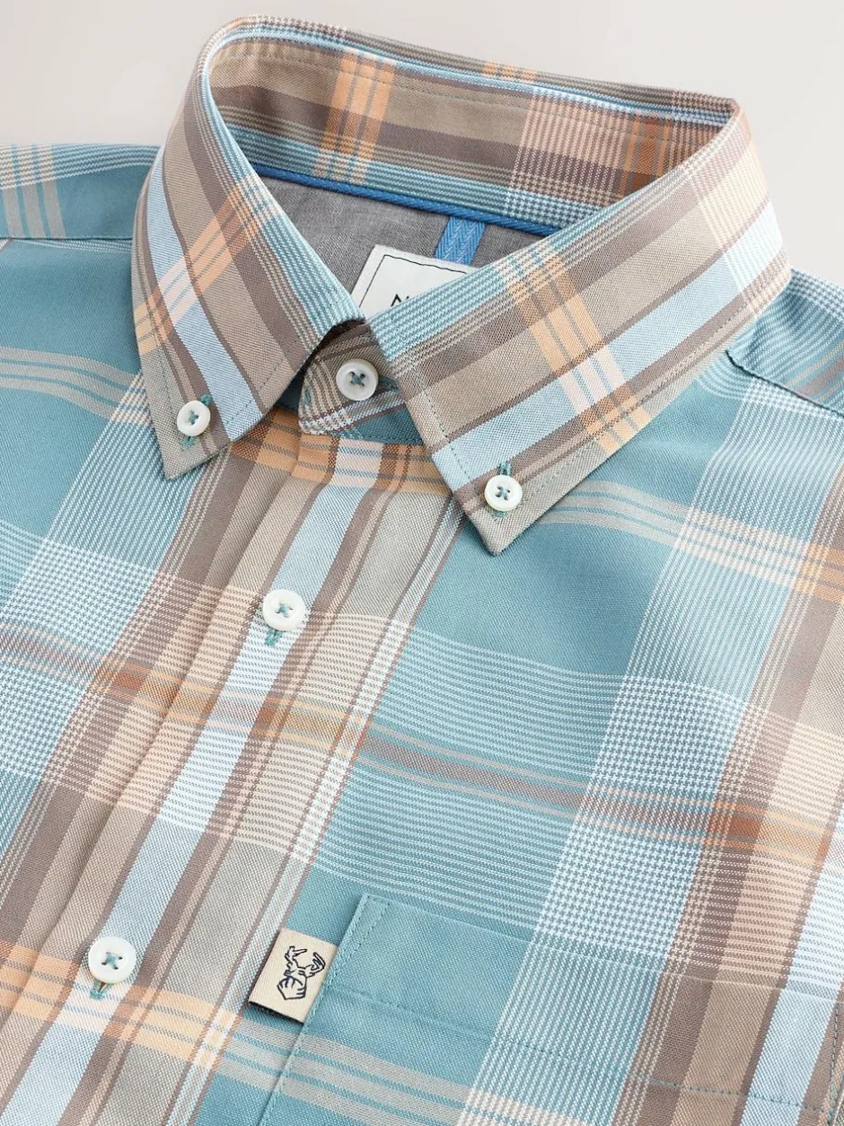 Next Regular Fit Short Sleeve Easy Iron Button Down Oxford Shirt Petrol Blue/Neutral Madras Check Outlet