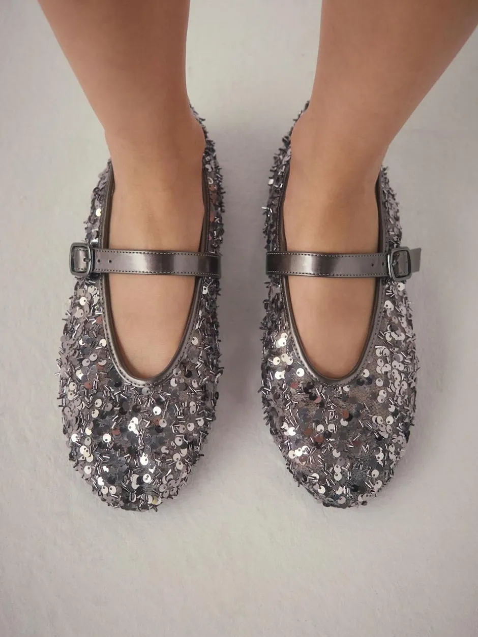 Next Pewter Sequin Forever Comfort® Embellished Sequin Mary Jane Shoes New