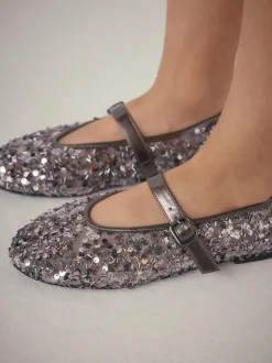Next Pewter Sequin Forever Comfort® Embellished Sequin Mary Jane Shoes New