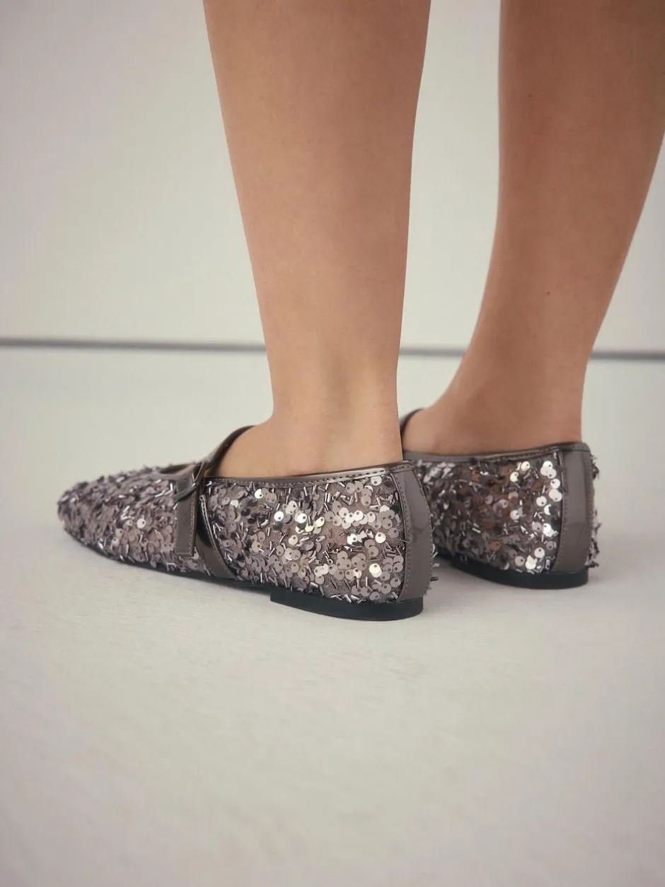 Next Pewter Sequin Forever Comfort® Embellished Sequin Mary Jane Shoes New