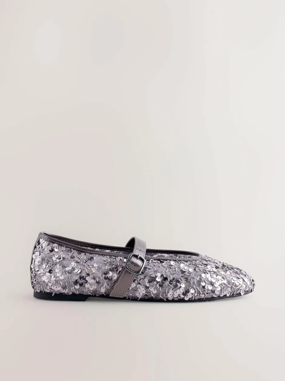 Next Pewter Sequin Forever Comfort® Embellished Sequin Mary Jane Shoes New