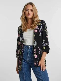 PIECES Black Floral Ruched Sleeve Blazer Outlet
