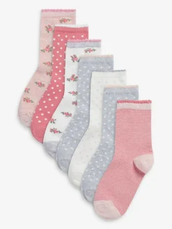 Next Pink 7 Pack Cotton Rich Pretty Ankle Socks Clearance
