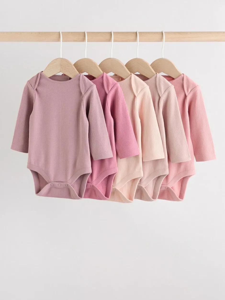 Next Pink 5 Pack Long Sleeve Baby Bodysuits New