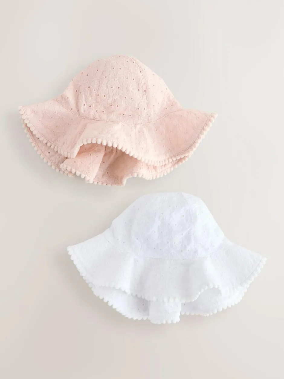 Next Pink and White Broderie 2pk Baby Bucket Hat (0mths-2yrs) Clearance