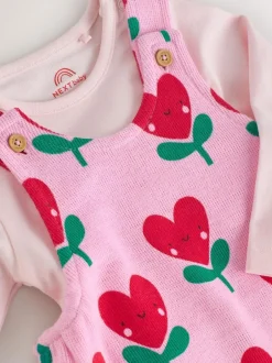 Next Pink Baby Dungarees and Long Sleeve Bodysuits Set 2 Piece (0mths-3yrs) Clearance