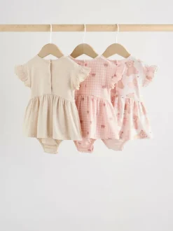 Next Pink Bear Embroidered Jersey Baby Rompers 3 Pack New