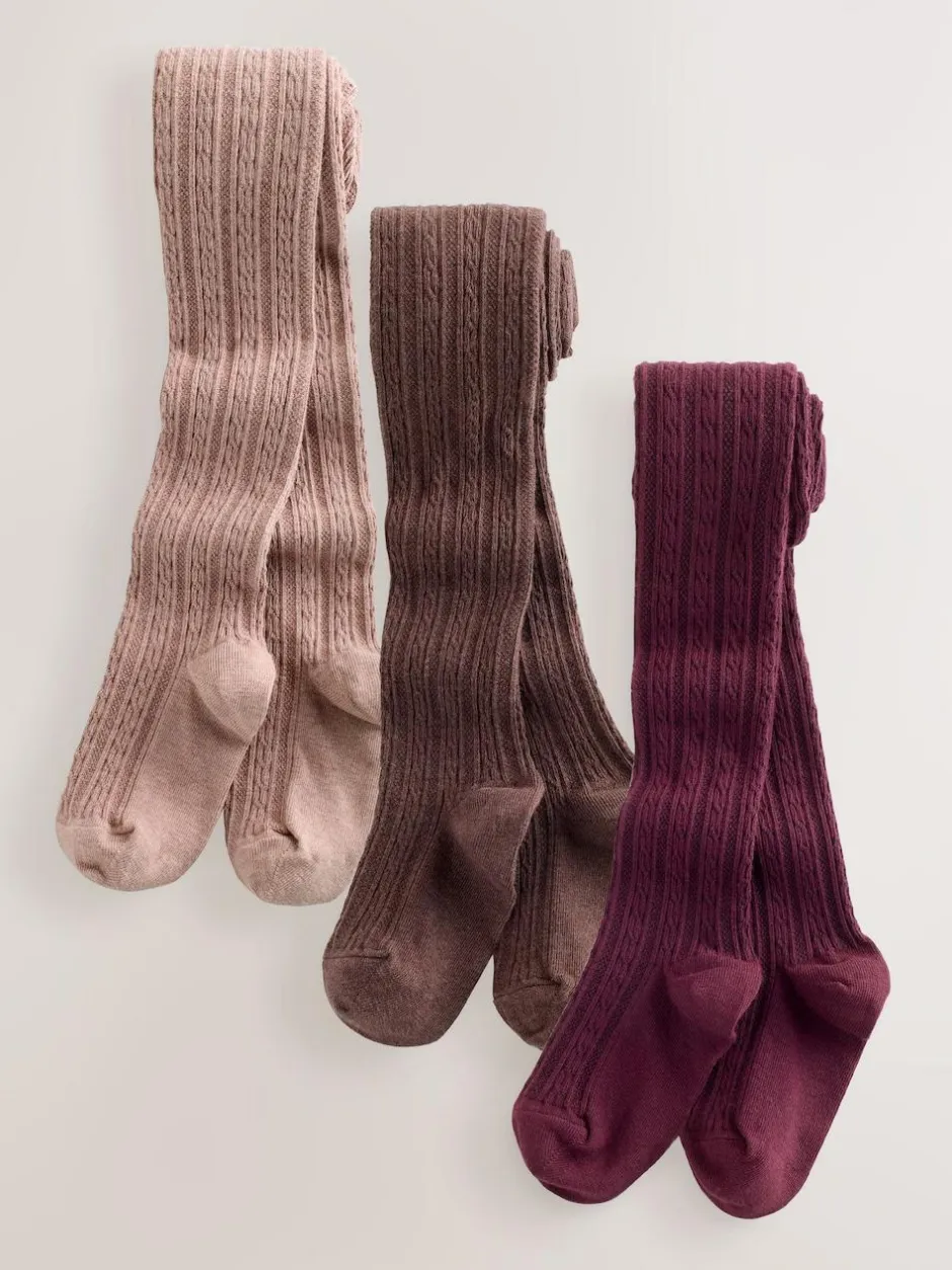 Next Regular Length Cotton Rich Cable Tights 3 Pack Pink Berry Red and Chocolate Brown Best