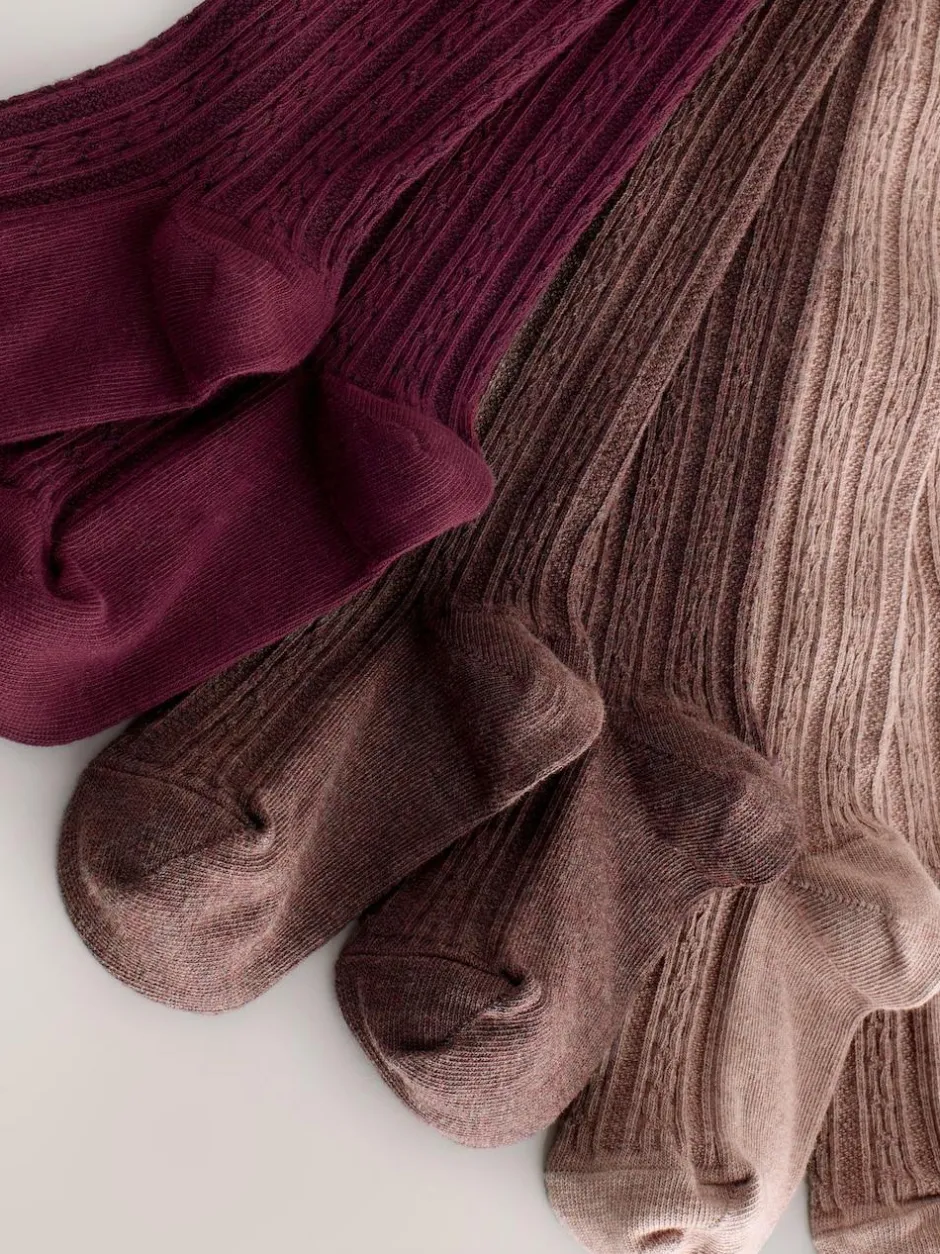 Next Regular Length Cotton Rich Cable Tights 3 Pack Pink Berry Red and Chocolate Brown Best