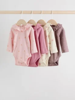 Next Baby Long Sleeve Frill Bodysuits 4 Pack (0mths-2yrs) Pink/ Cream/ Brown Ditsy Online