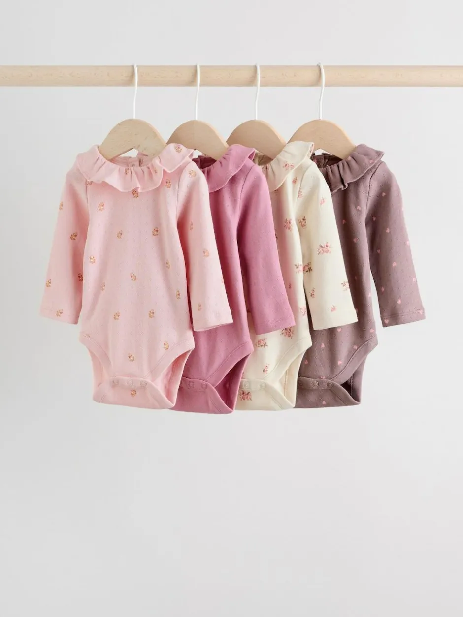 Next Baby Long Sleeve Frill Bodysuits 4 Pack (0mths-2yrs) Pink/ Cream/ Brown Ditsy Online