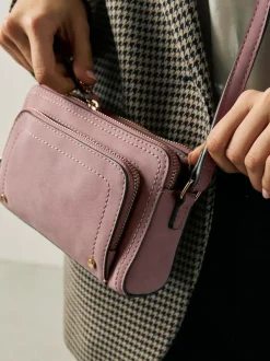 Next Double Zip Cross-Body Faux Suede Bag Pink New