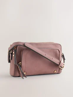 Next Double Zip Cross-Body Faux Suede Bag Pink New
