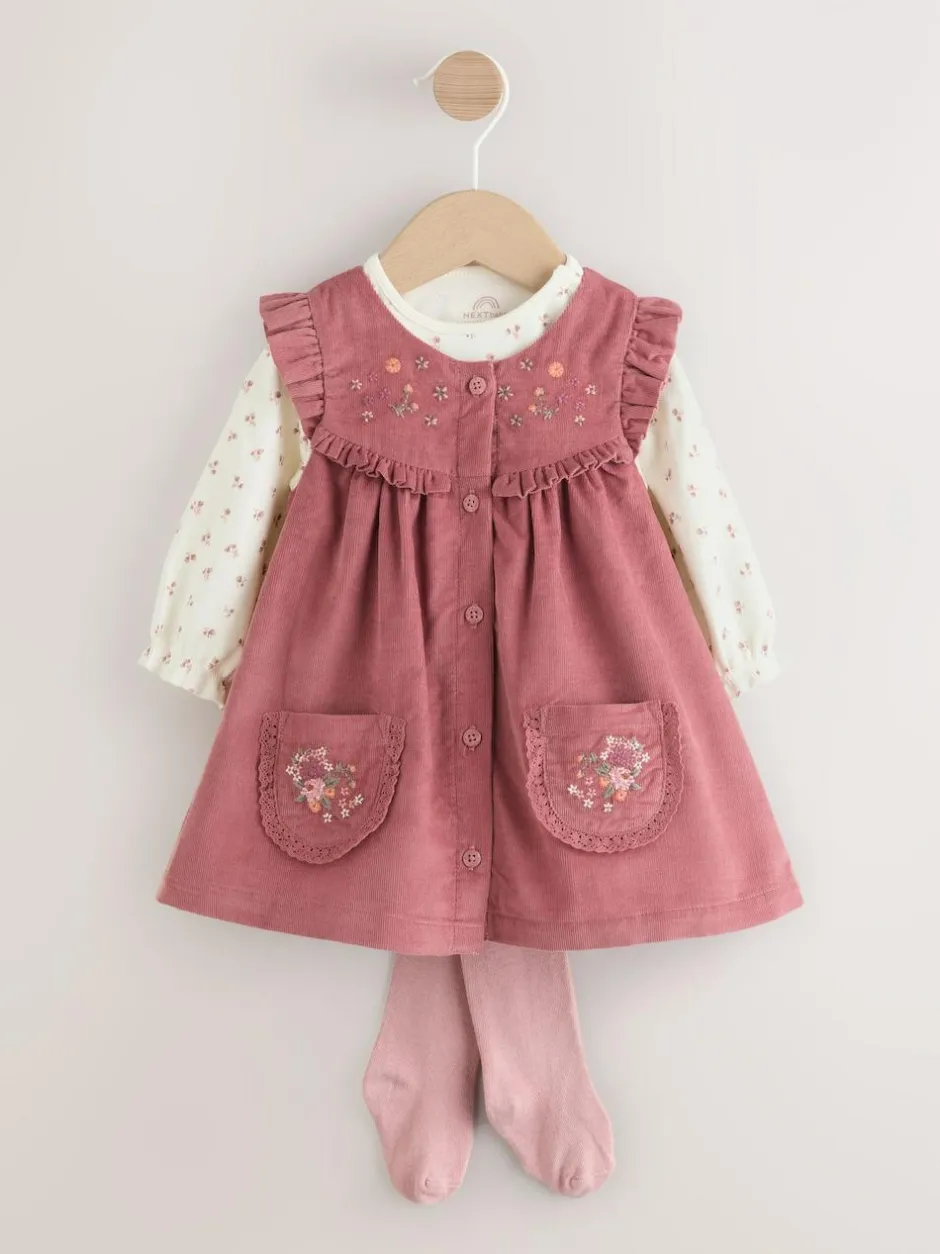 Next Pink Embroidered Baby Cord Pinafore Long Sleeve Bodysuit & Tights Set (0mths-2yrs) Outlet