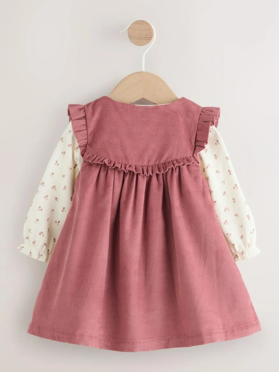 Next Pink Embroidered Baby Cord Pinafore Long Sleeve Bodysuit & Tights Set (0mths-2yrs) Outlet