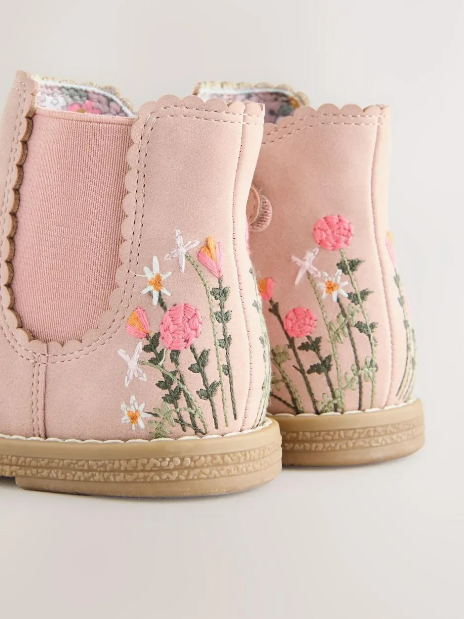 Next Wide Fit (G) Chelsea Ankle Boots Pink Embroidered Clearance