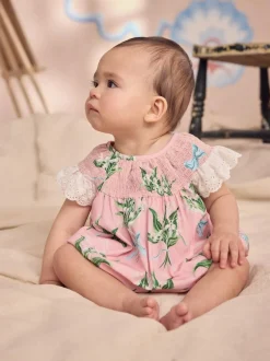 Next 100% Cotton Printed Baby Broderie Romper Pink Floral Outlet
