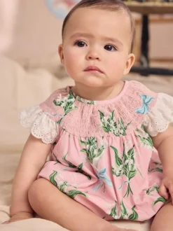 Next 100% Cotton Printed Baby Broderie Romper Pink Floral Outlet