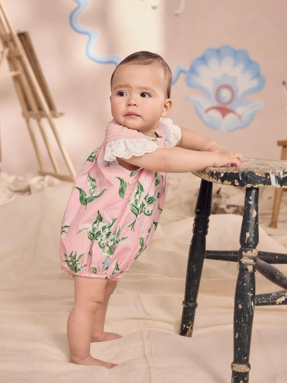 Next 100% Cotton Printed Baby Broderie Romper Pink Floral Outlet