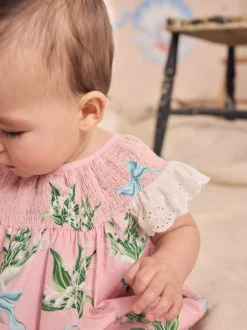 Next 100% Cotton Printed Baby Broderie Romper Pink Floral Outlet